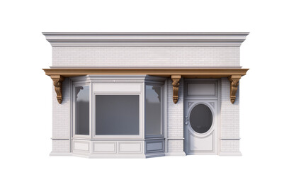 White brick storefront facade with bay window and oval glass door, isolated on transparent background © Irina