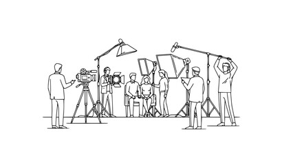 Movie set behind the scenes with camera lighting and crew black and white line art vector production concept © ShanjidaAkter