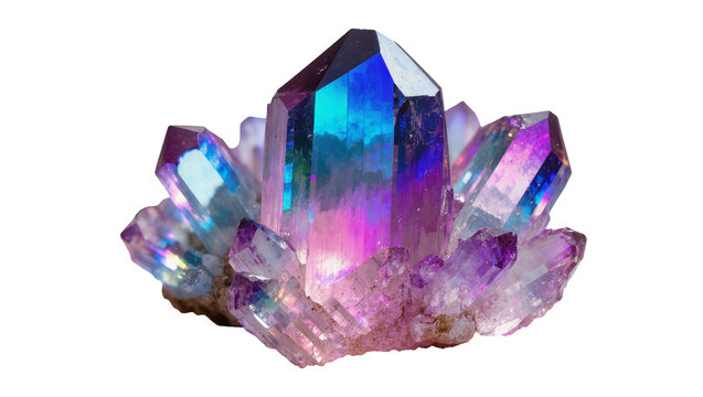Vibrant iridescent aura quartz crystal cluster with faceted points shimmering blue purple and pink, isolated on transparent background