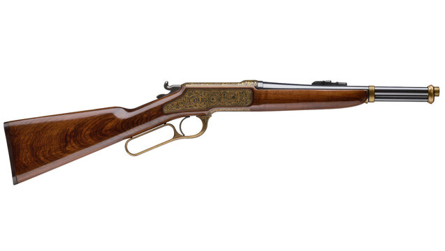 Ornate brass lever-action rifle walnut stock and blued steel barrel, isolated on transparent background