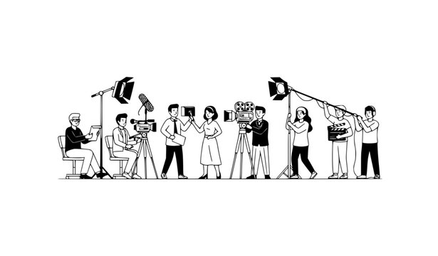 Film production behind the scenes with director camera crew and actors black and white flat vector cinema set