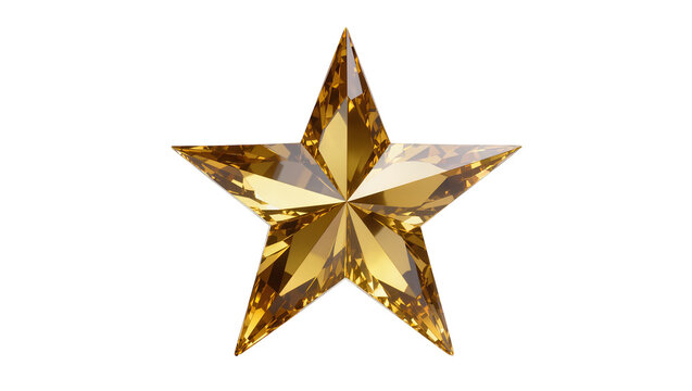 Golden faceted crystal star with sharp facets and sparkling reflections, isolated on transparent background for awards