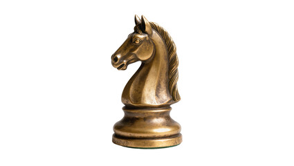 Polished bronze chess knight piece featuring a classic horse head design, isolated on transparent background for strategic game concepts © Irina