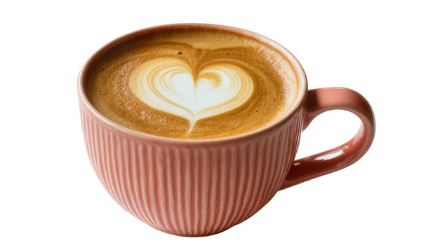 Warm frothy cappuccino with delicate heart latte art in a ribbed pink ceramic mug, perfectly isolated on transparent background for coffee shop menus