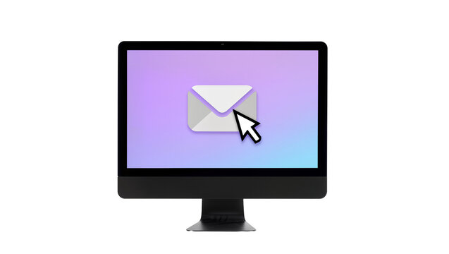 Black desktop monitor purple-blue screen with email icon and mouse cursor, isolated on transparent background for messaging