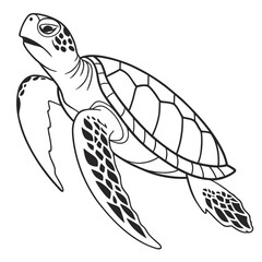 Sea turtle in motion, side view of marine reptile, stylized flippers and shell details, underwater animal, ocean dweller graphic © Sirajum