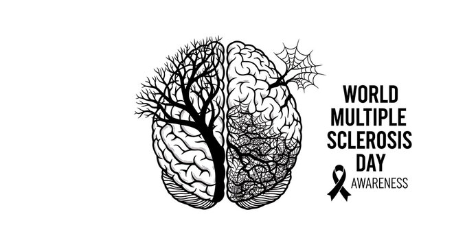 Black and white illustration of brain with tree for world multiple sclerosis day awareness isolated on white background