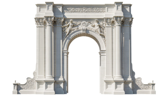 White marble arch ornate columns and relief, isolated on transparent background