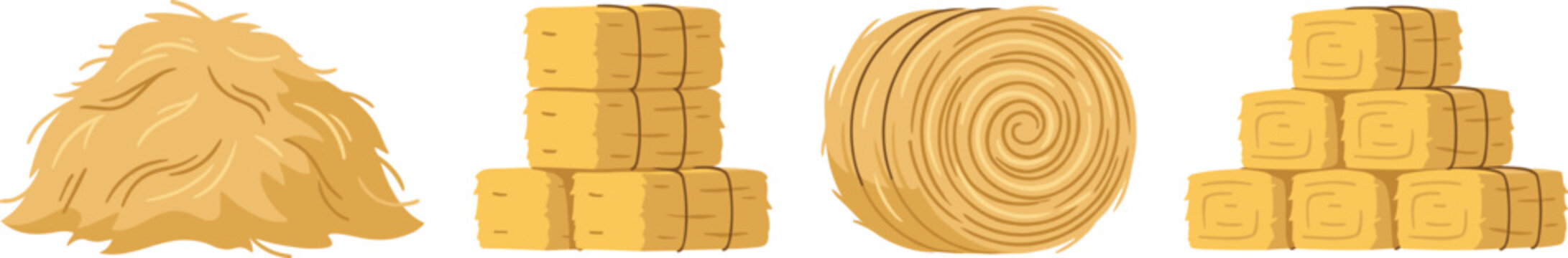 Hay Bale Collection Vector Illustration Featuring Straw Pile Square Bales Round Roll and Stacked Hay Blocks for Farming Agriculture and Rural Design Projects