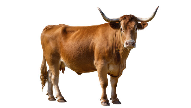 Brown horned cow standing looking forward, isolated on transparent background