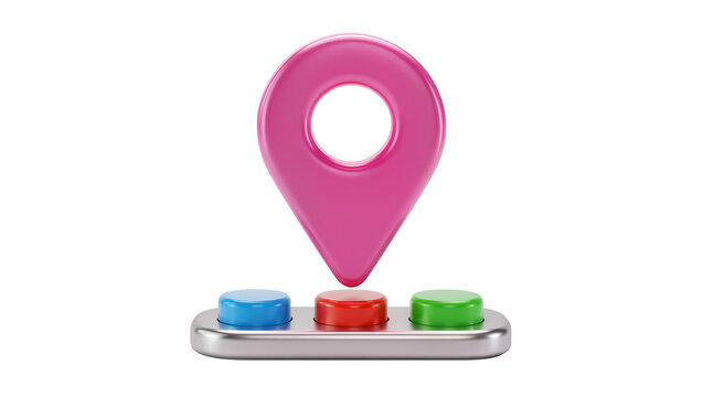 Glossy pink 3D location pin icon resting on a metallic base with blue red green buttons, isolated on transparent background