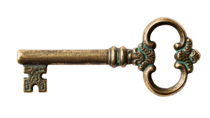 Ornate antique brass skeleton key with intricate green patina details, isolated on transparent background for historical concepts © Irina