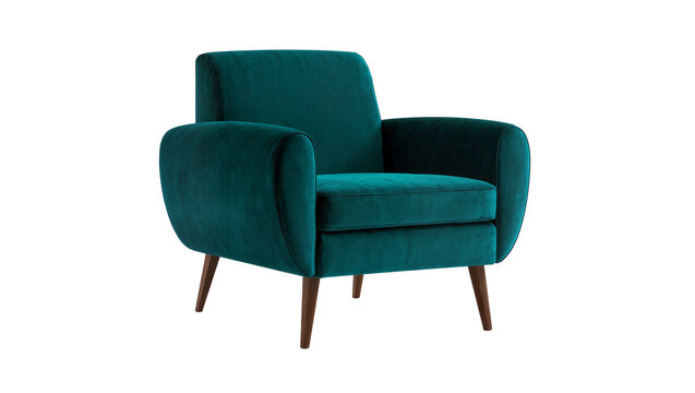 Teal velvet armchair wooden legs, isolated on transparent background