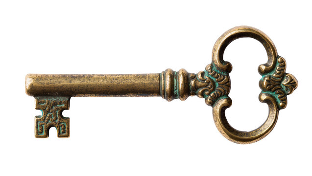 Ornate antique brass skeleton key with intricate green patina details, isolated on transparent background for historical concepts