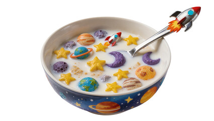 Colorful space-themed cereal pieces floating in white milk in a blue planet-decorated bowl with a rocket spoon, isolated on transparent background © Irina