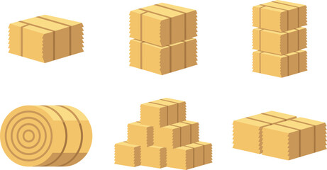 Fototapeta premium Hay Bale Set Vector Illustration with Square Bundles Round Straw Rolls and Stacked Agricultural Blocks for Farming Harvest and Rural Design Projects