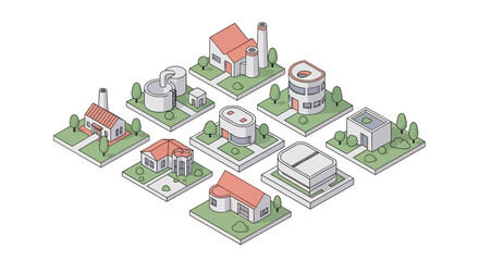 Fototapeta premium Collection of Diverse Isometric Buildings and Structures.