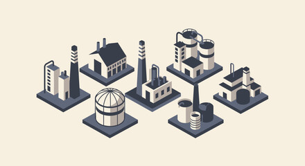 Fototapeta premium Isometric Industrial Buildings Vector Illustration Set depicting Modern Factory, Power Plant, and Storage Facility Concepts for Business, Technology, and Infrastructure Development Projects