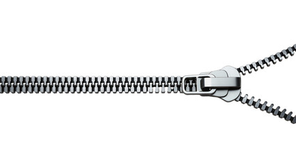 Bright metallic zipper partially unzipped with a gleaming silver slider, isolated on transparent background for fashion © Irina