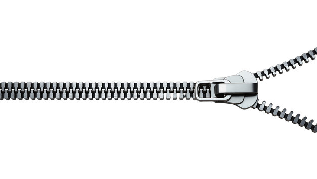Bright metallic zipper partially unzipped with a gleaming silver slider, isolated on transparent background for fashion