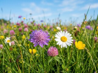 Fototapeta premium Closeup of a vibrant wildflower meadow with daisies clover and buttercups for botanical background and nature wallpaper design