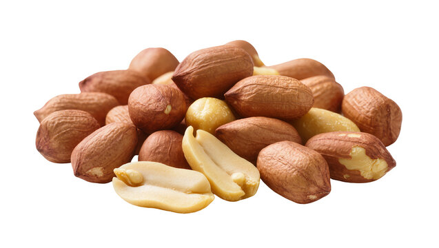 Pile of brown shelled and light yellow unshelled peanuts, isolated on transparent background for healthy snack concepts