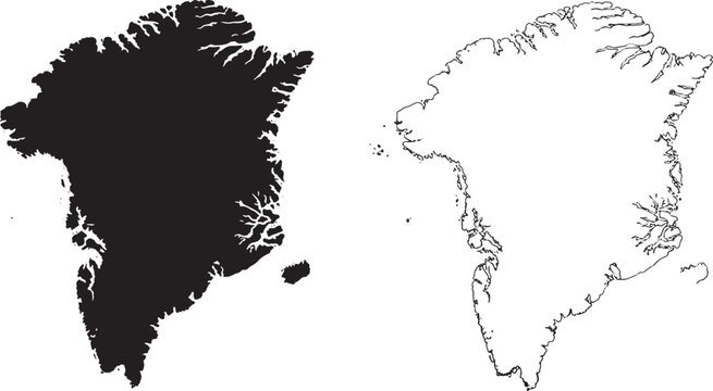 Greenland map silhouettes in black and white on white background