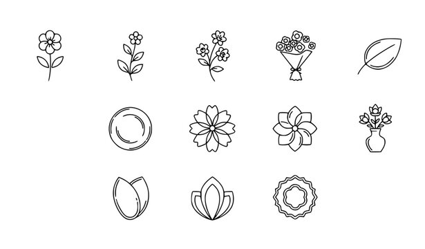 Stylized floral outline icon collection with flower plate leaf and decorative elements for web UI