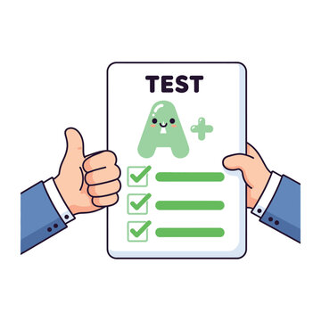 Charming vector illustration design depicting hands proudly holding a perfect test result sheet achieving an outstanding A plus grade with positive feedback markers.