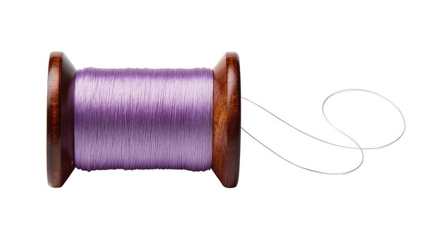 Wooden spool tightly wound with vibrant purple sewing thread a loose strand extending, isolated on transparent background