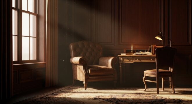 Elegant room interior chair desk sunlight through window classic design