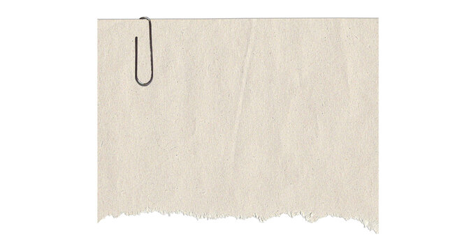 Torn beige paper note with textured edges and metal paperclip isolated on transparent background