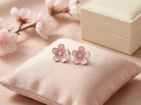 Luxury Cherry Blossom Petal Shaped Earrings Displayed on Soft Fabric
