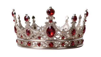 Ornate silver crown adorned with red ruby gemstones and intricate filigree, isolated on transparent background for regal use © Irina