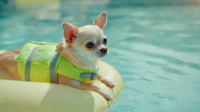 Dog enjoys floating in water while wearing a life jacket in a pool during daytime