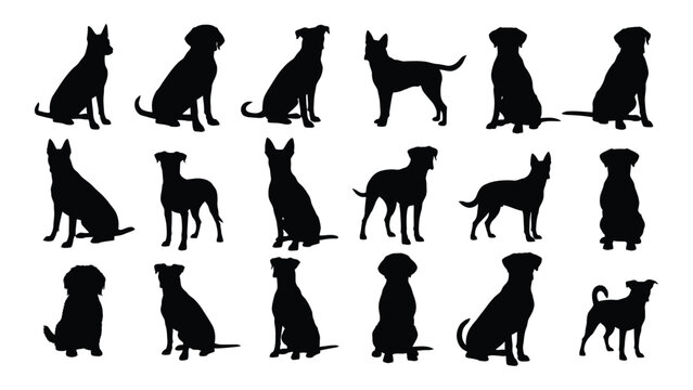A collection of various dog breeds depicted in black showcasing different poses and sizes presented as a silhouette