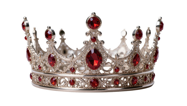 Ornate silver crown adorned with red ruby gemstones and intricate filigree, isolated on transparent background for regal use