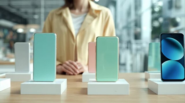 People look at different smartphone models in a store during the day