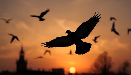 Fototapeta premium Pigeons flying freely in silhouette over a city skyline against a beautiful orange and yellow sunset sky.