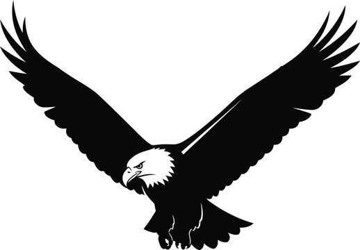 A bold black silhouette illustration of a majestic american bald eagle soaring in the open sky Vector