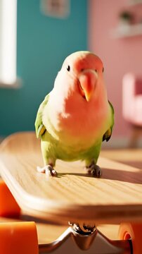 colorful parrot on skateboard, vertical video, playful atmosphere