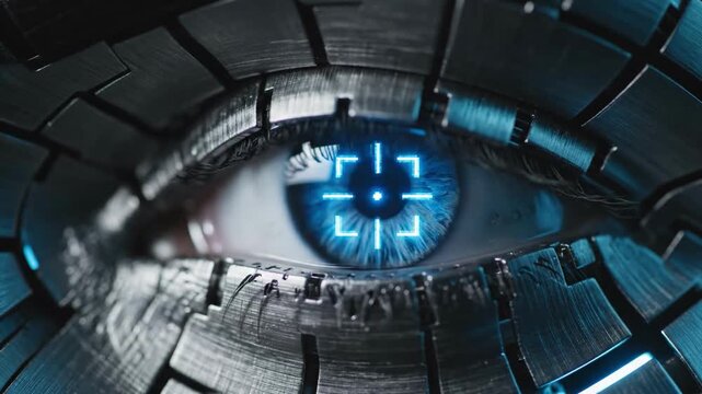 A closeup of a blue eye surrounded by metallic mosaic pieces creating a futuristic feel.