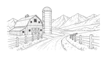 Rustic farm with wooden barn silo and winding road in mountainous landscape © Rana
