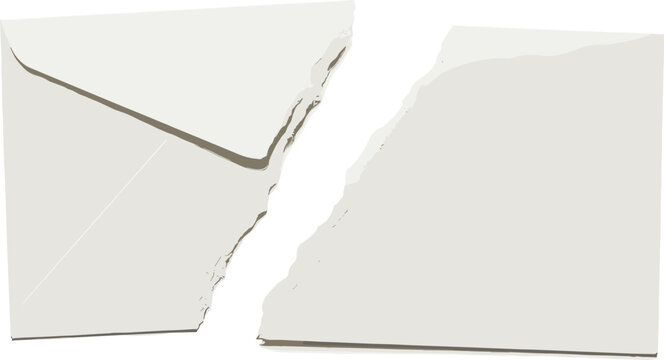 A plain white envelope ripped in half, its jagged tear vividly symbolizing fractured communication, a destroyed message, or the abrupt end of a written connection
