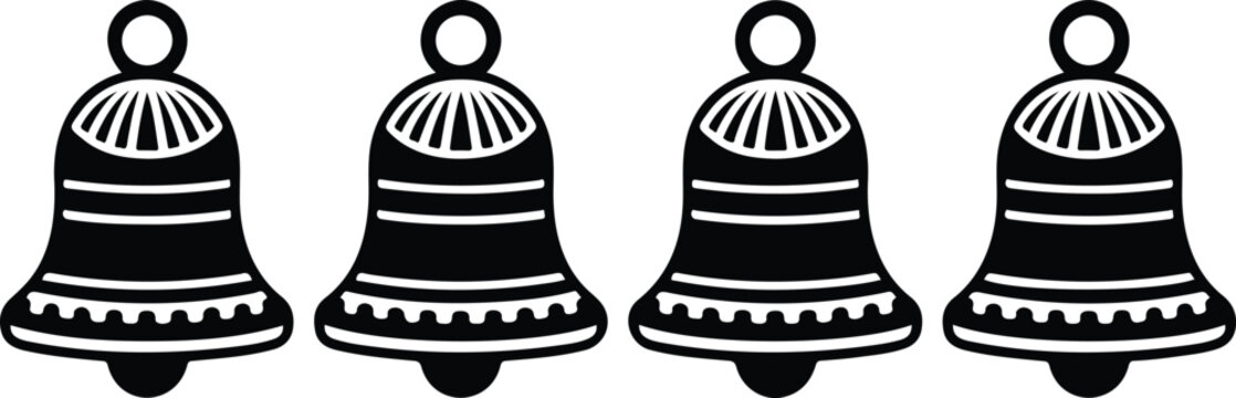 Decorative bell icon set in black and white line art style, ornamental patterns, festive Christmas designs, holiday celebration graphic vector illustration