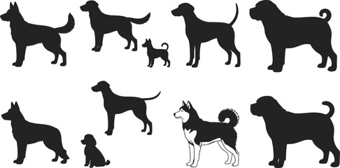 Dog silhouettes collection, different breeds set, pet animals, canine icons, standing and sitting dogs, black shapes isolated on white background © MdOmar