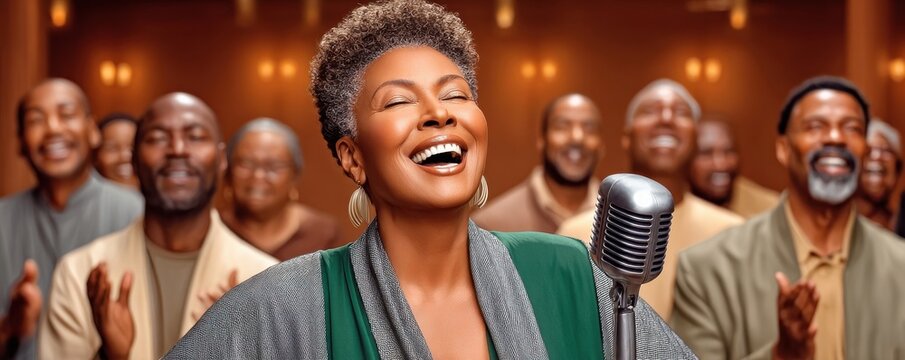 Joyful gospel singer in her mid-50s leading a choir with vintage microphone during performance
