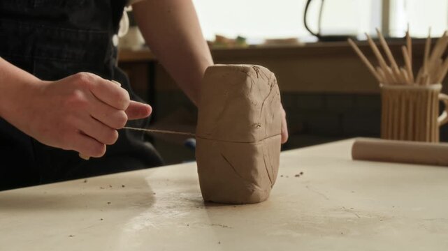 Low angle close up shot of unrecognizable woman in jumpsuit cutting piece of brown clay with string for pottery project in workshop