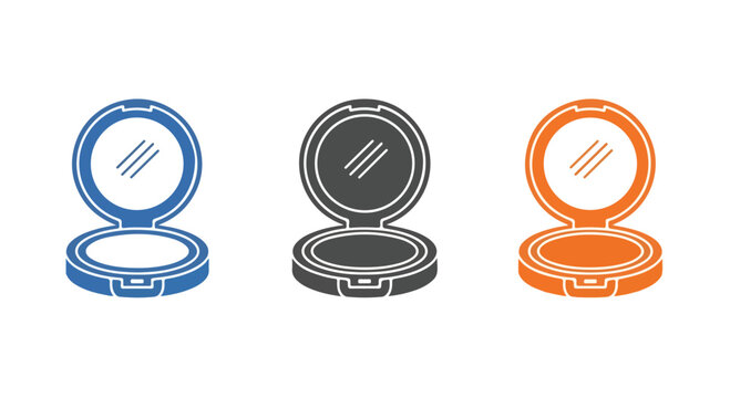 Three compact makeup powder cases with mirrors in blue, black, and orange colors on a white background