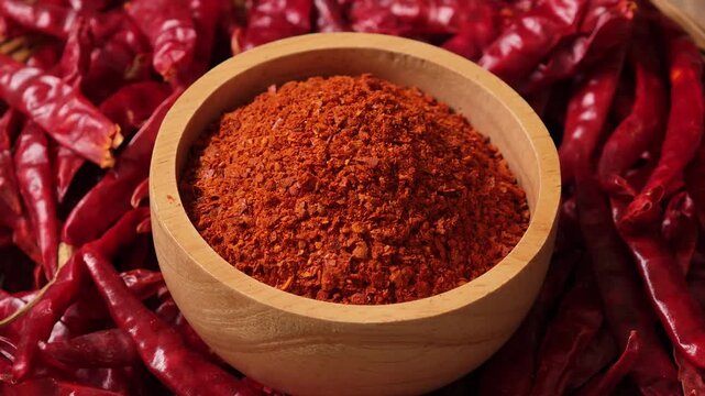 Chili powder in a wooden bowl.	